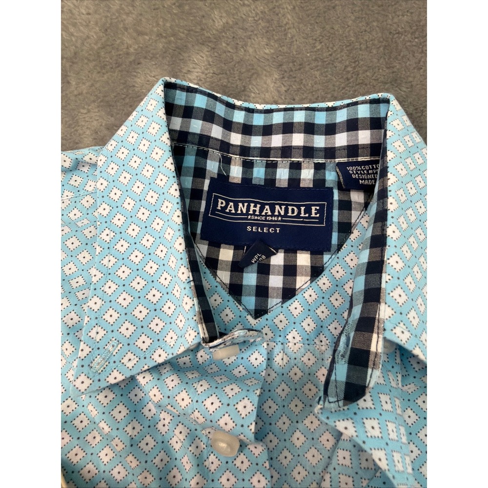 Panhandle Select Mens XL Short Sleeve Button Down‎ Shirt Blue Geometric Diamond